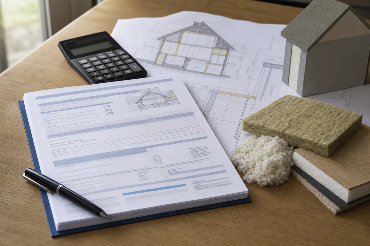 Devis d’isolation détaillé posé sur une table avec calculatrice et plan de maison