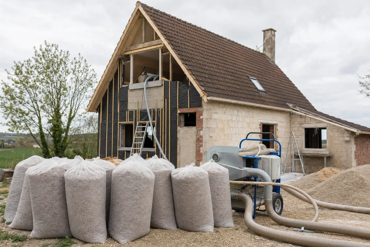 Machine à souffler et sacs d’isolant devant une maison en chantier