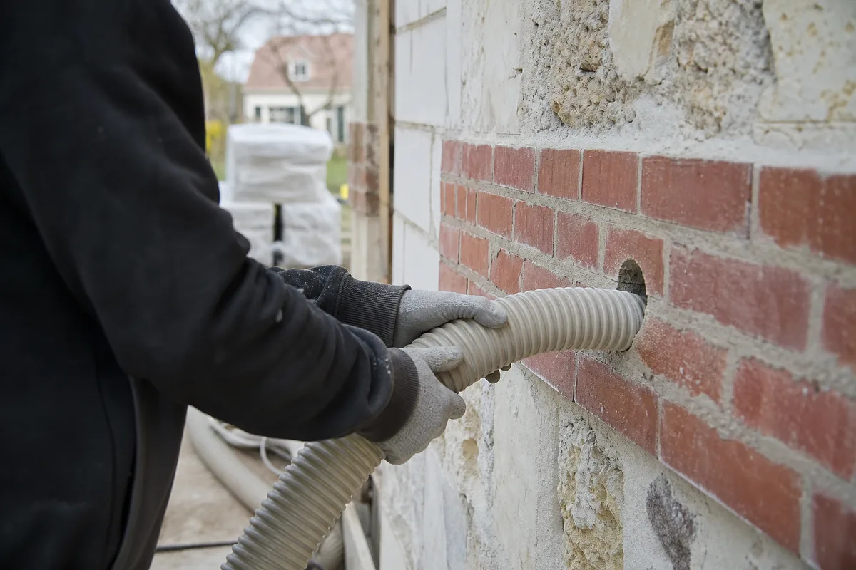 Injection d’isolant en vrac dans la lame d’air d’un mur de pavillon