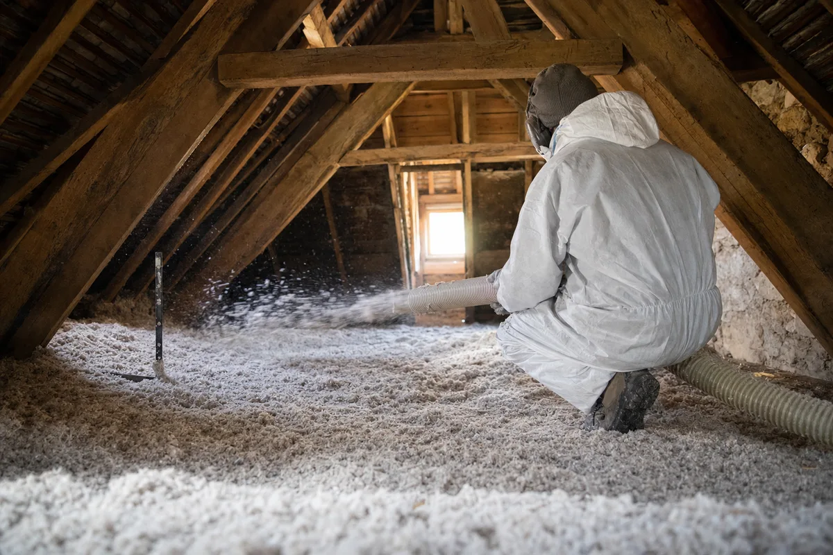 Artisan soufflant de l&rsquo;isolant dans les combles d&rsquo;une maison normande