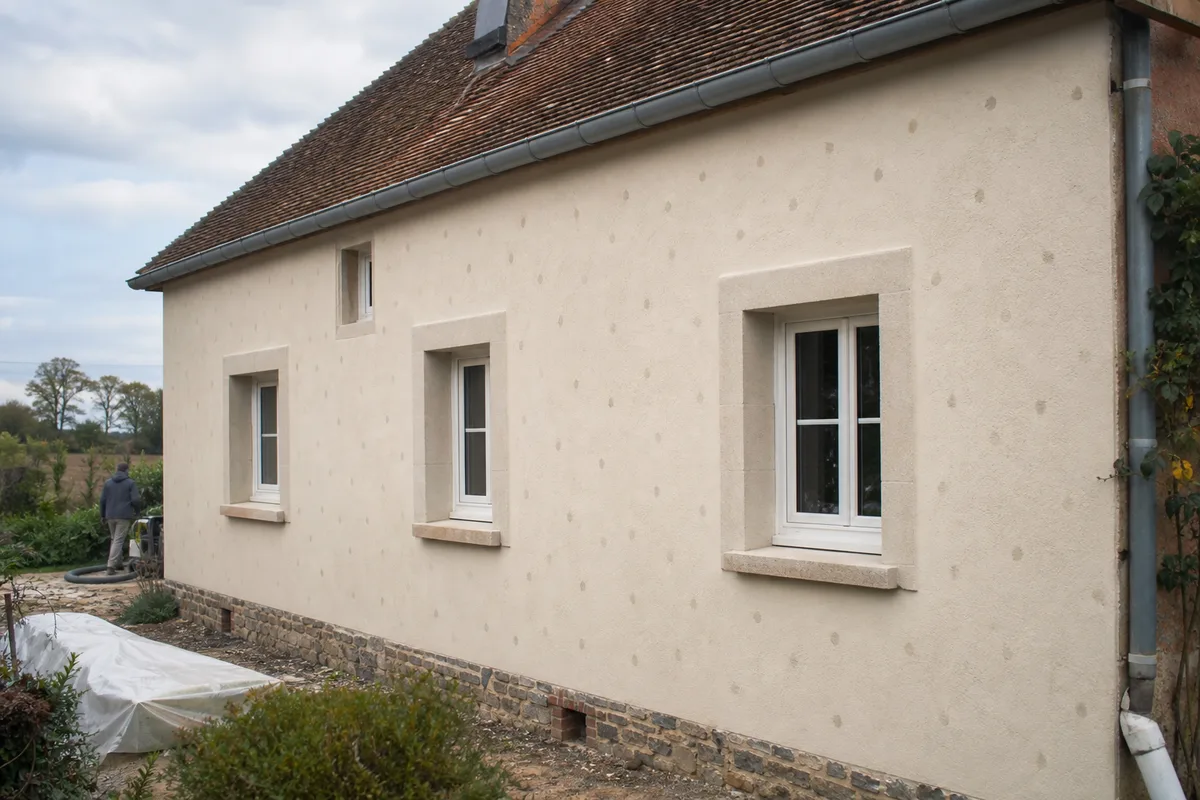 Façade percée de trous d’injection rebouchés au mortier teinté