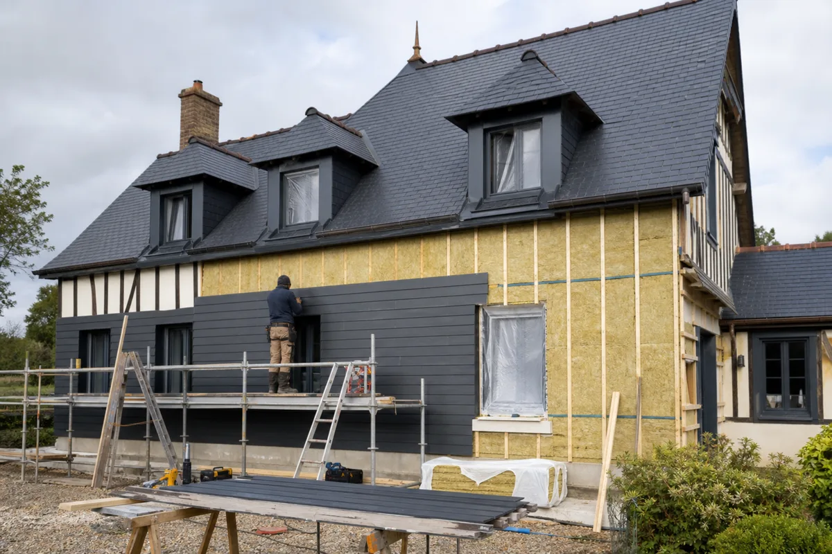 Façade de maison normande en cours d’isolation par bardage rapporté